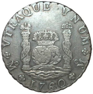 1760. Fernando VI. 8 Reales Columnario de Méjico. Ensayador: MM. Corona Imperial-Real. Conservación: MBC+. Peso: 26,9 g. Diámetro: 39 mm. Muy bonito columnario de Fernando VI  con muy buena conservación acuñado en Méjico en 1760, último año de su reinado. Pieza con bonito tono, que no presenta golpes ni arañazos.