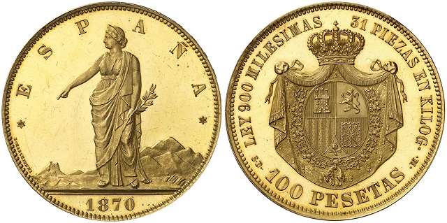 100 pesetas de 1870 de la I República en oro