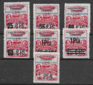 1937. Asturias y León. 3 sellos Franqueo Equivalente y 3 sellos No Expedidos.