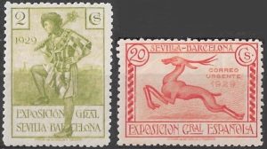 1929. Nº434 y 447 Edifil. 2 céntimos y 20 céntimos urgente de la Exposición Sevilla-Barcelona. Ambos con fijasello. Preciosos. Valor catálogo: +40€