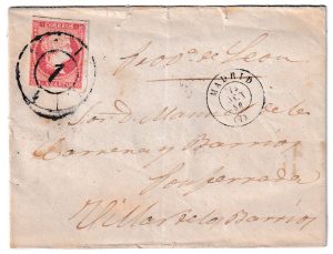 1858. Sobre de confección manual de Madrid a Villar de los Barrios. Primera fecha Rueda de Carreta.