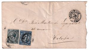 1877. Sobre de confección mecánica de San Sebastian a Tolosa