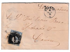 1866. Sobre de luto de Madrid a Cáceres