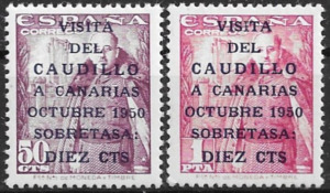 1950. Nº1083A-1083B Edifil. Primera Tirada. Visita Caudillo a Canarias. Sin Fijasello.