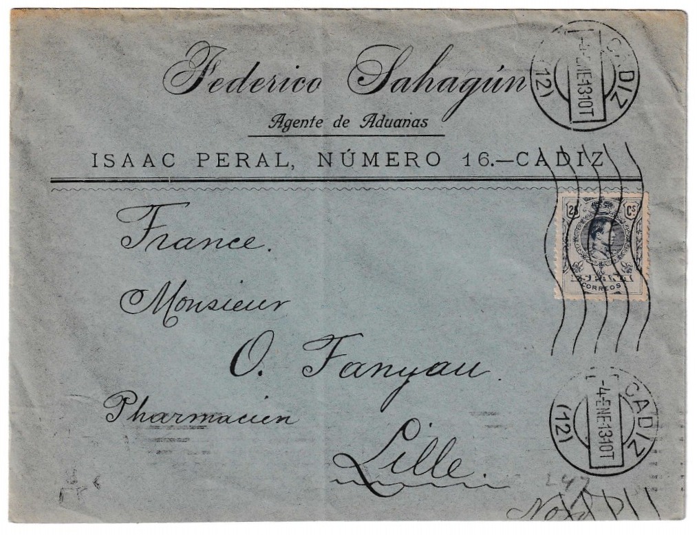 1913. Sobre de Cádiz a Lille