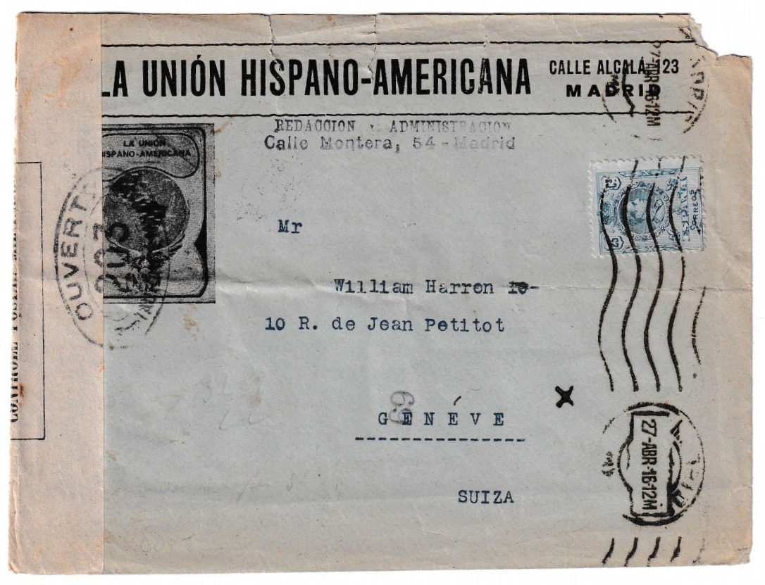1916. Sobre de España a Suiza