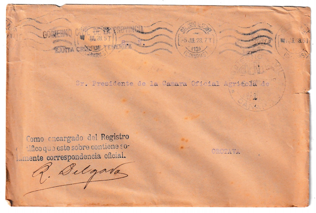 1928. Sobre de Santa Cruz de Tenerife a Orotava 1 1928. Sobre De Santa Cruz De Tenerife A Orotava