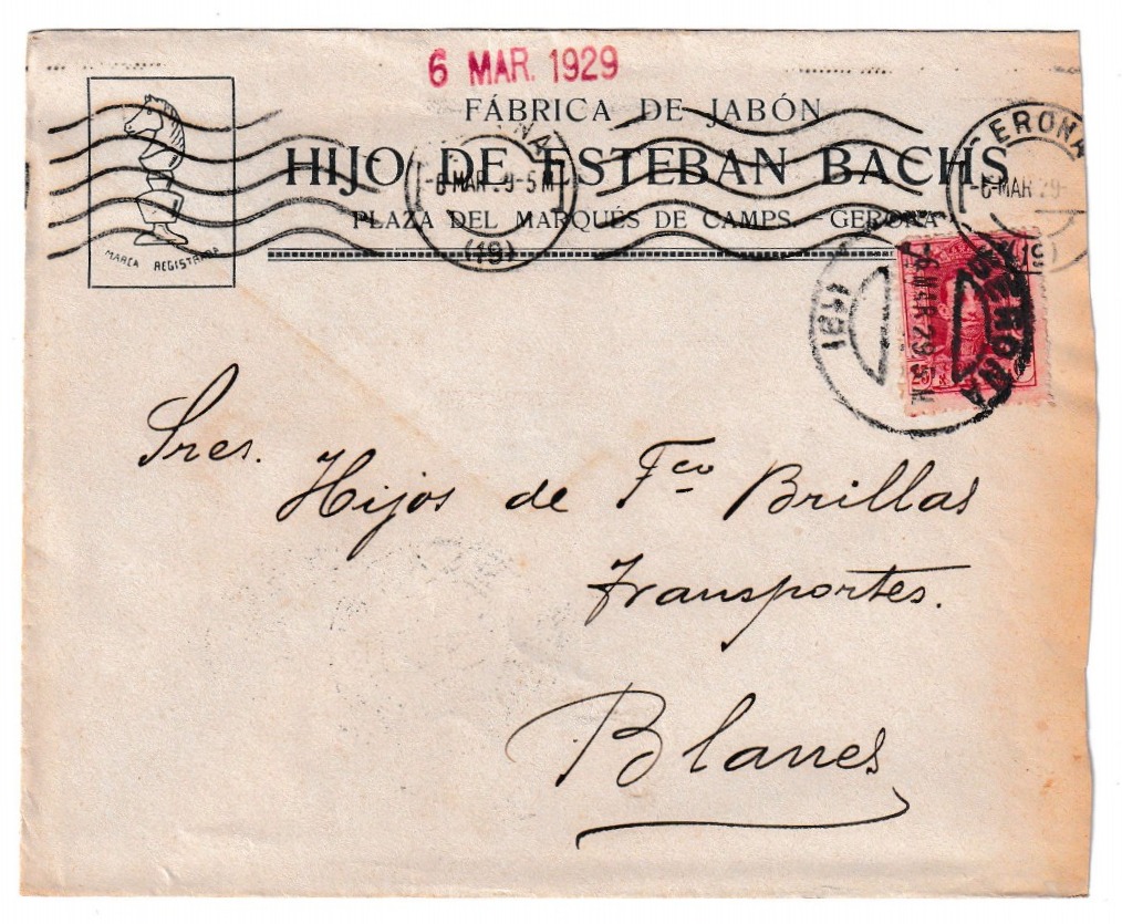 1929. Sobre de Gerona a Blanes