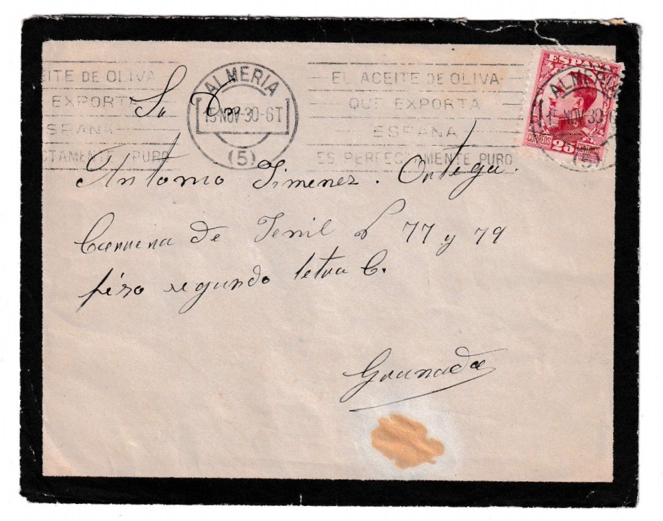 1930. Sobre de luto de Almería a Granada