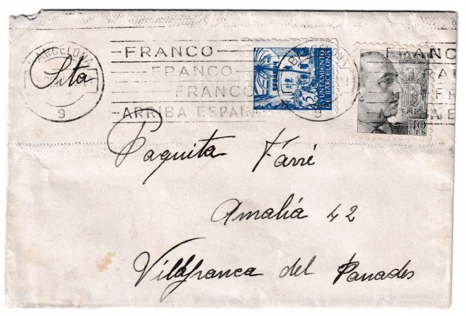 1941. Sobre de Barcelona a Vilafranca del Penedés 1 1941. Sobre De Barcelona A Vilafranca Del Penedés