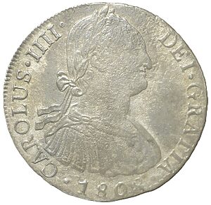Moneda de 8 Reales de 1808. Carlos IV. Lima. Ensayador JP.