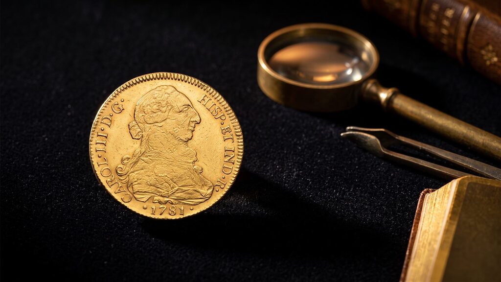 8 escudos de oro de Carlos III, ceca de Santiago, año 1781, sobre fondo oscuro