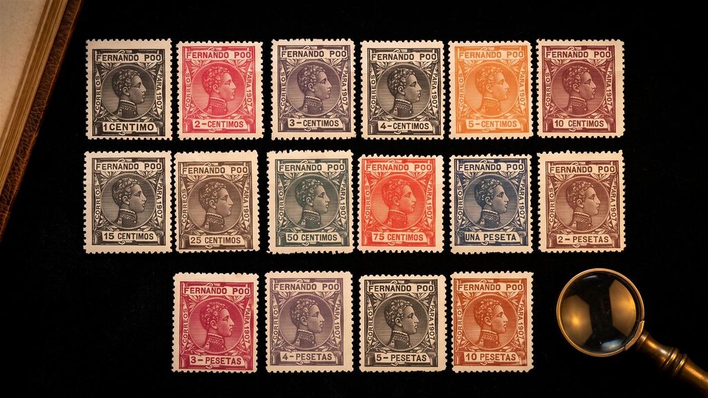 Serie completa de sellos de Fernando Poo de 1907, 17 valores, con el perfil de Alfonso XIII