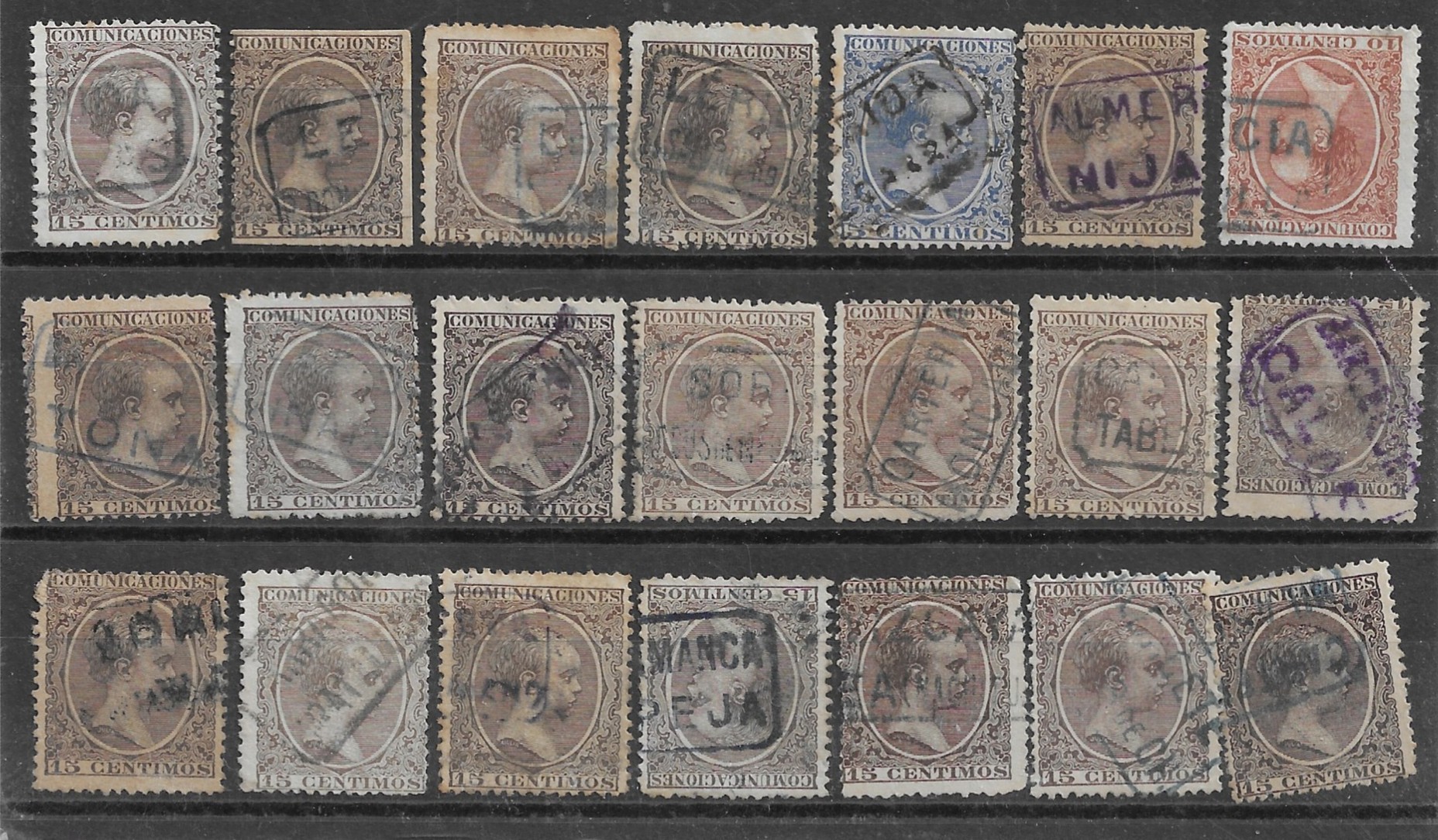 1889. ALFONSO XIII "PELÓN". GRUPO DE 21 SELLOS CON MATASELLOS DE CARTERIA. 1 1889. Alfonso Xiii &Quot;Pelón&Quot;. Grupo De 21 Sellos Con Matasellos De Carteria.