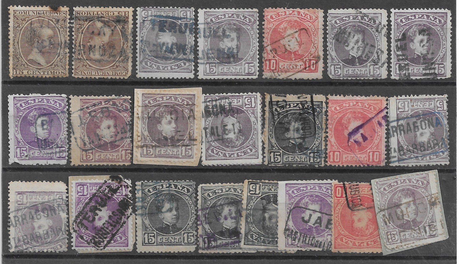 1901-05. Alfonso XIII. "CADETE". Grupo de 21 Matasellos de Carterías diferentes. 1 1901-05. Alfonso Xiii. &Quot;Cadete&Quot;. Grupo De 21 Matasellos De Cartería Diferentes.