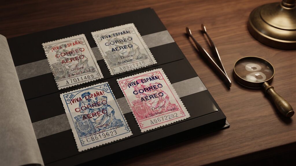 Serie de sellos de las emisiones patrióticas de Bilbao de 1936 en un clasificador filatélico, junto a unas pinzas y una lupa