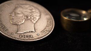 Duro De Plata De 5 Pesetas De 1871 Con Las Dos Estrellas Junto A La Fecha, Sobre Terciopelo Negro Y Con Una Lupa Al Fondo
